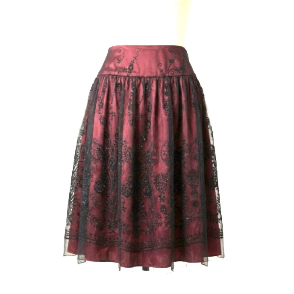 Whimsy Goth MSK Burgundy‎ Chic A-Line Skirt with Black Embroidery